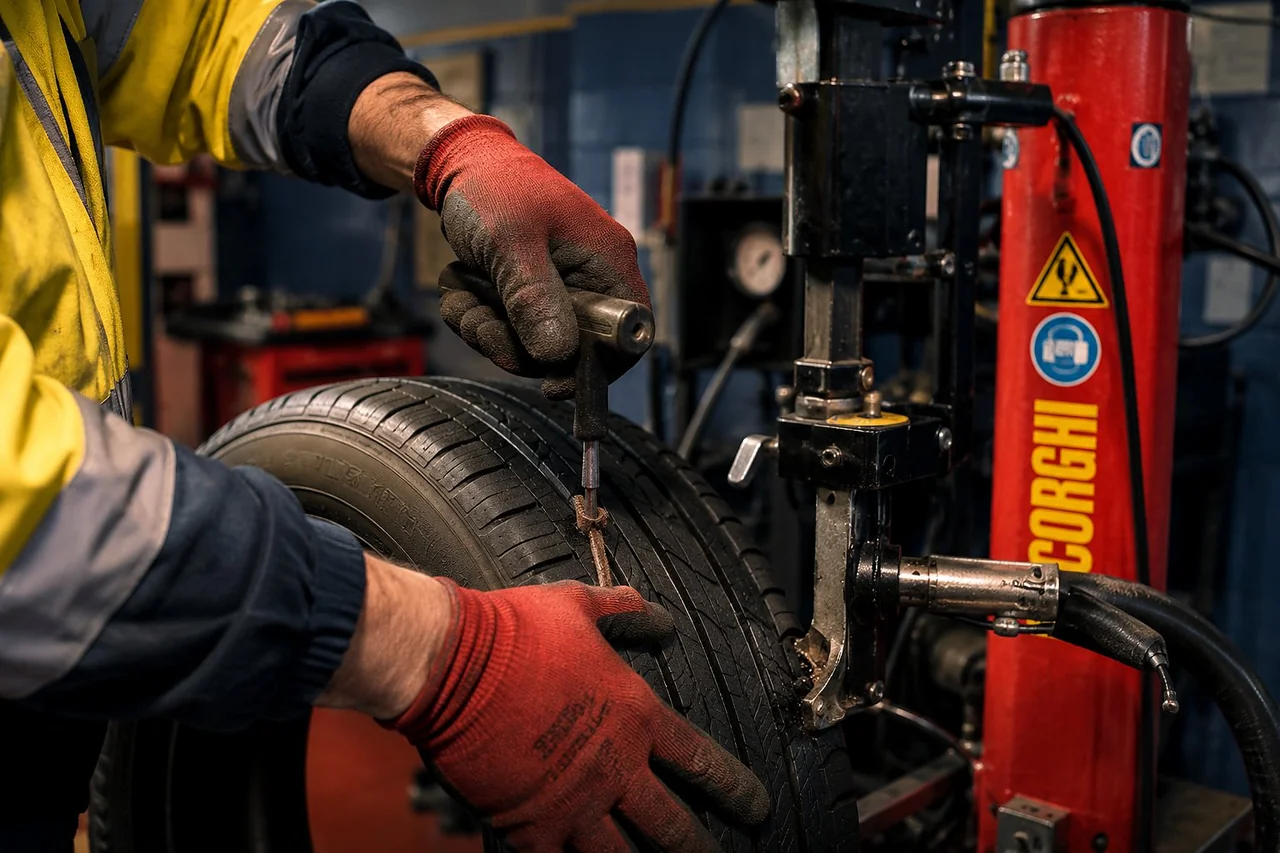 Mecánico de Aikon reparando un pinchazo en el taller